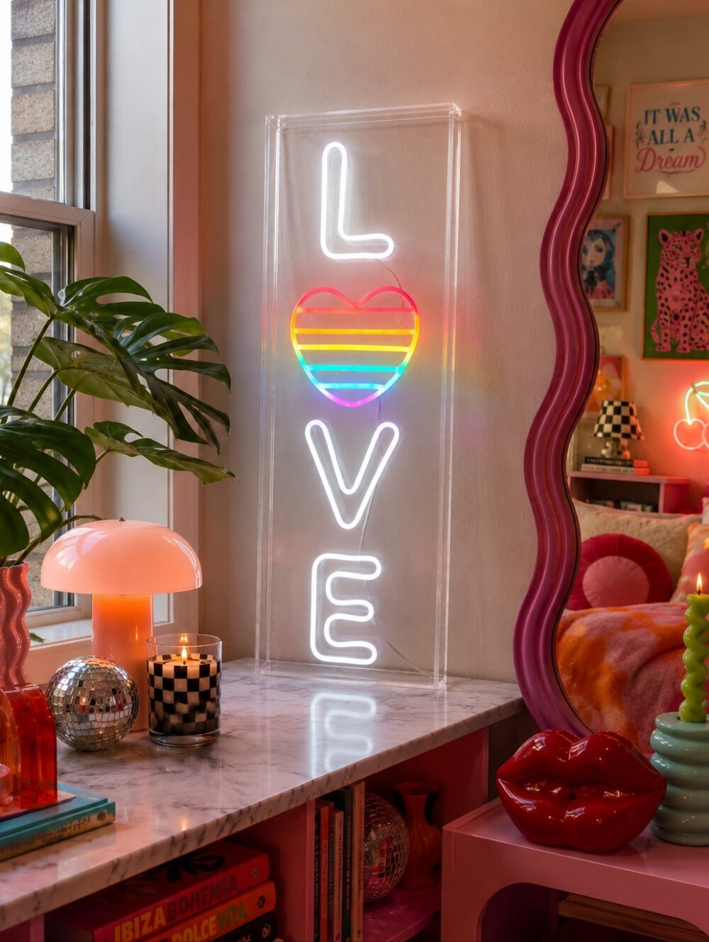 LOVE Neon Wall Sign with Rainbow Heart